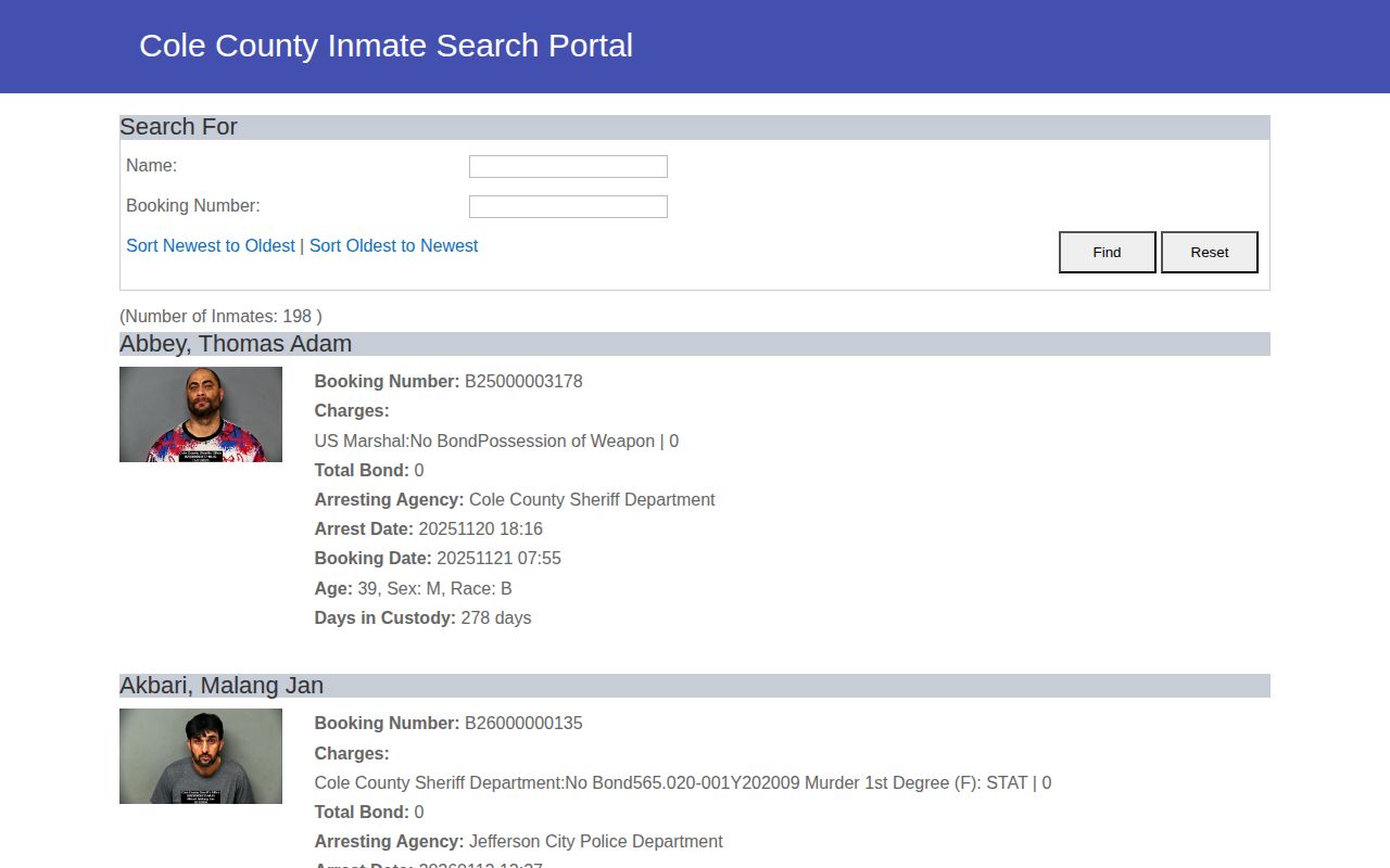 Cole County Inmate Search Portal with current roster search controls