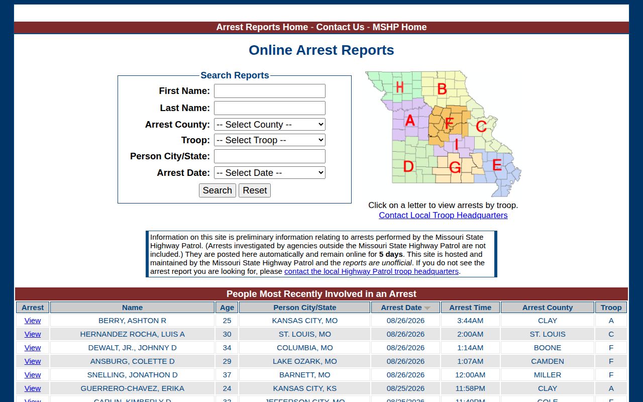 Missouri State Highway Patrol arrest-report search page