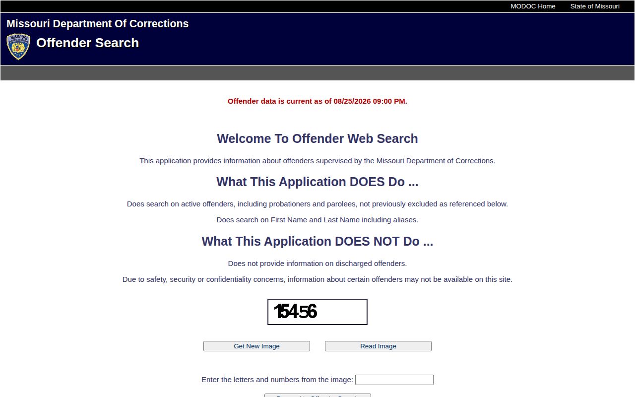 Missouri Department of Corrections offender search page