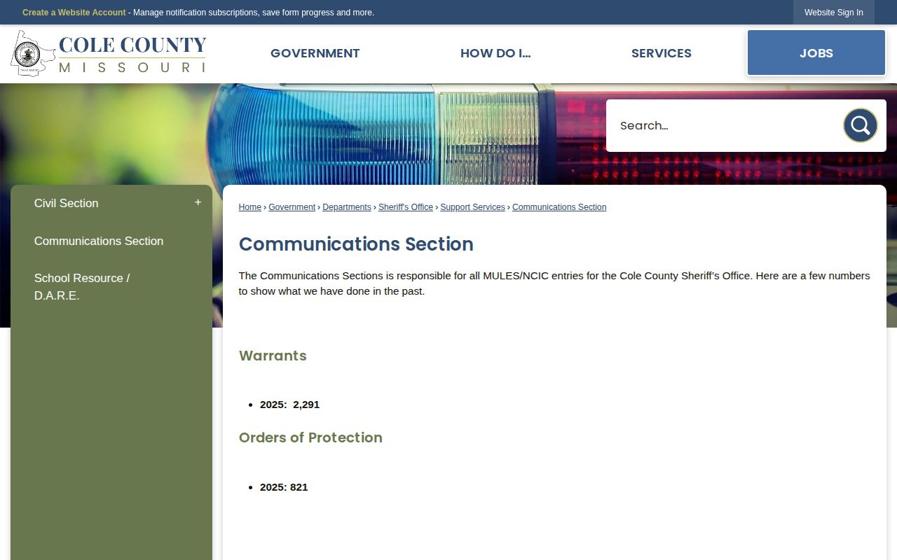 Cole County warrant records and Communications Section information